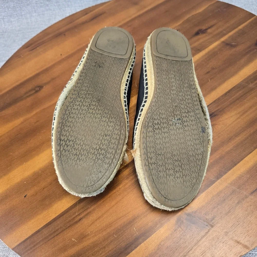 Michael Kors Black Leather Espadrille Flats MK Logo Slip On Shoes Womens 7M